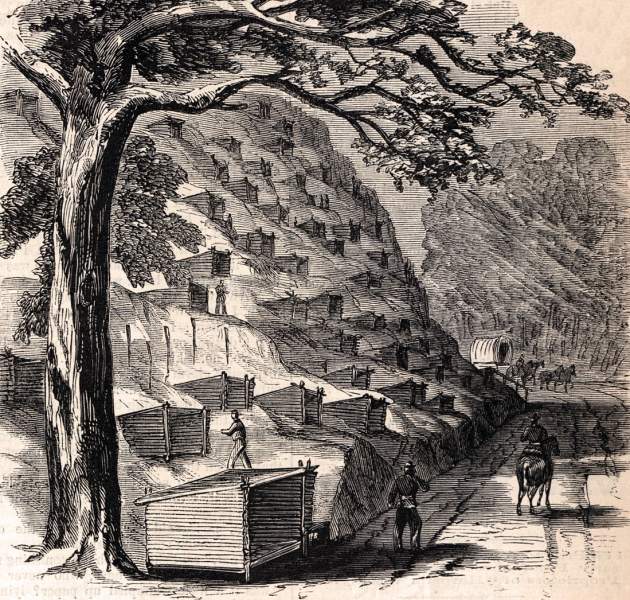 Shelters on the hillside, siege of Vicksburg, Mississippi, July, 1863, artist's impression