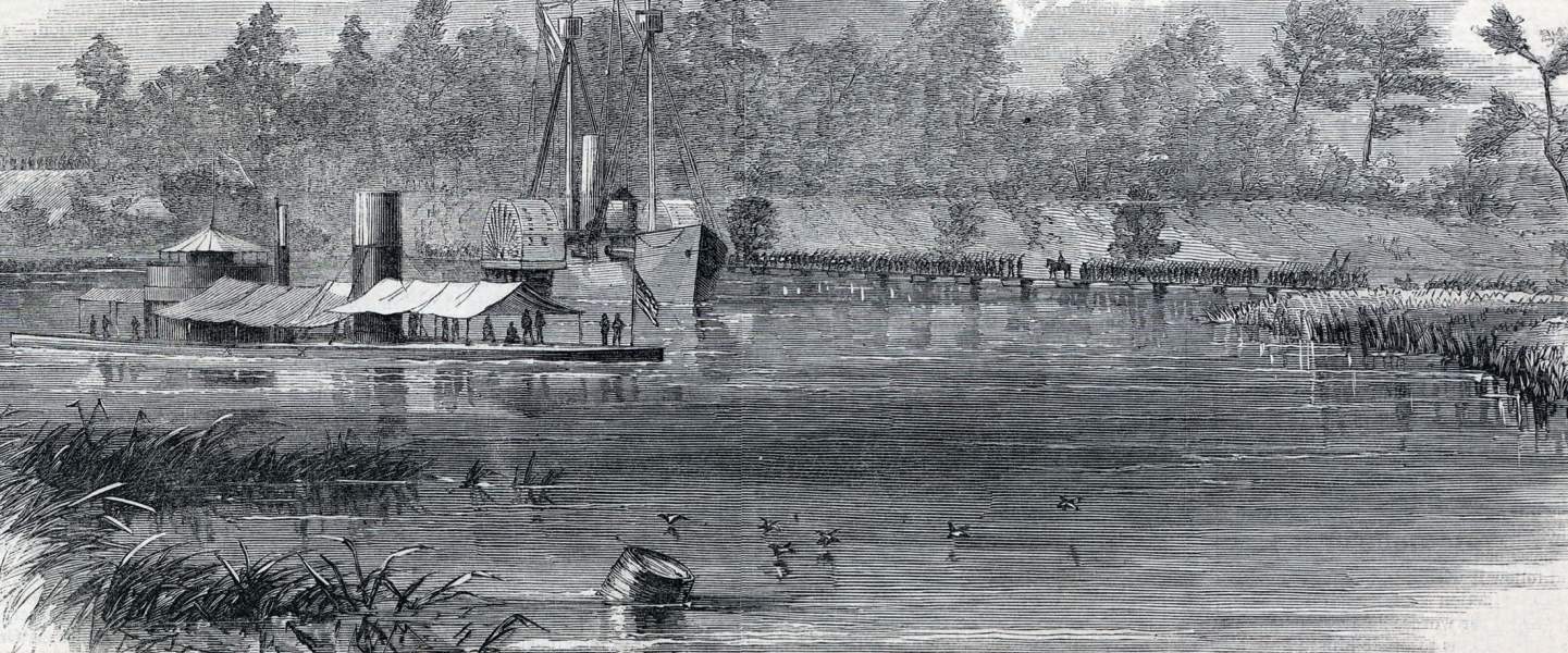 Union Corps crossing the James River, Virginia, July 26, 1864, artist's impression, zoomable image