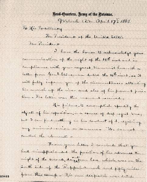 Joseph Hooker to Abraham Lincoln, Friday, April 17, 1863 (page 1)