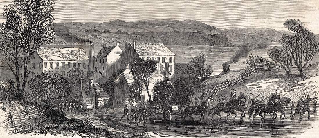 Union troops retreating into Falmouth, Virginia after the Battle of Chancellorsville, May 1863, artist's impression