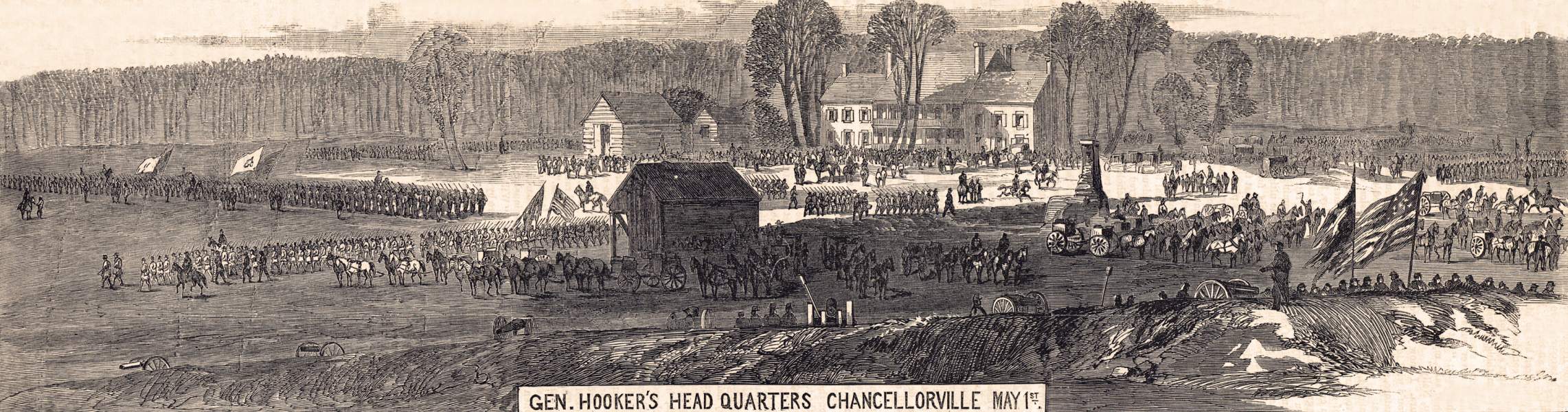 General Hooker's Headquarters, Chancellorsville, Virginia, May 1, 1863, artist's impression, zoomable image