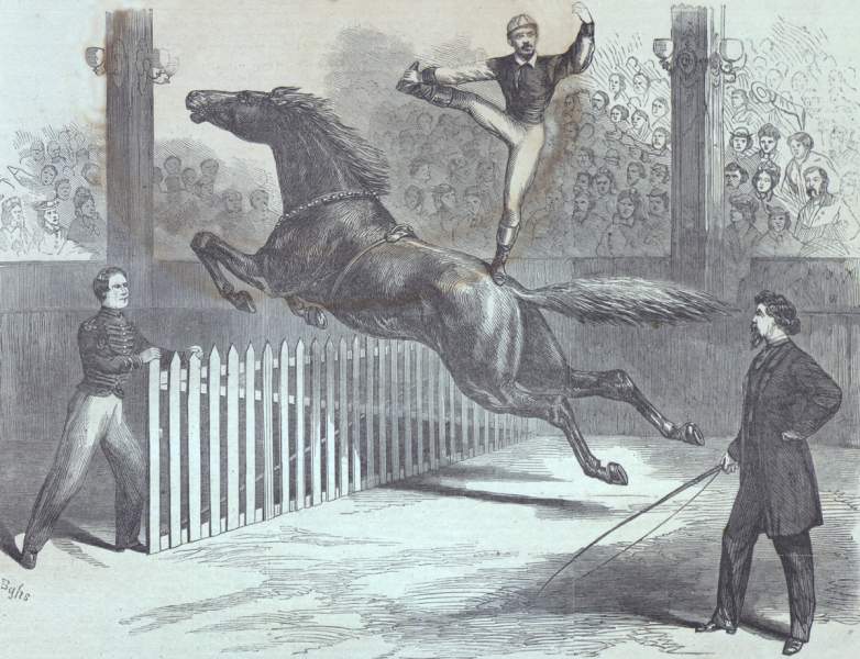 Bareback riding exhibition, New York Circus, New York City, March 1866, artist's impression
