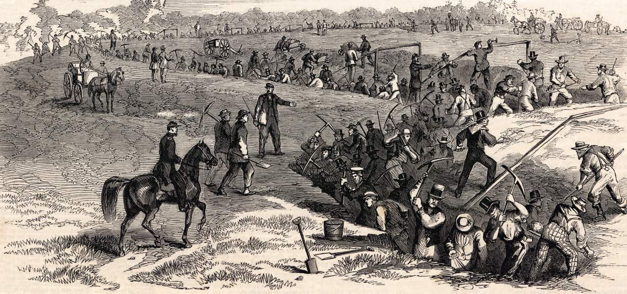 Construction of defense lines near Harrisburg, Pennsylvania, June 13, 1863, artist's impression, zoomable image