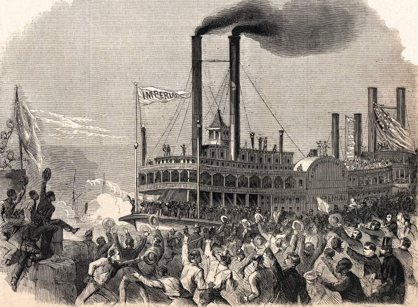 The steamboat "Imperial" docking at New Orleans, Louisiana, July 16, 1863, artist's impression, zoomable image