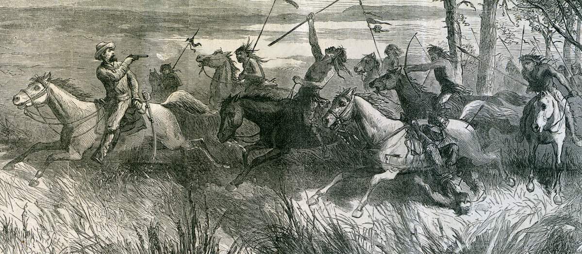 Plains Indians attacking white mounted messengers, 1865, artist's impression, detail