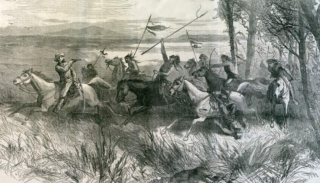 Plains Indians attacking white mounted messengers, 1865, artist's impression, zoomable image