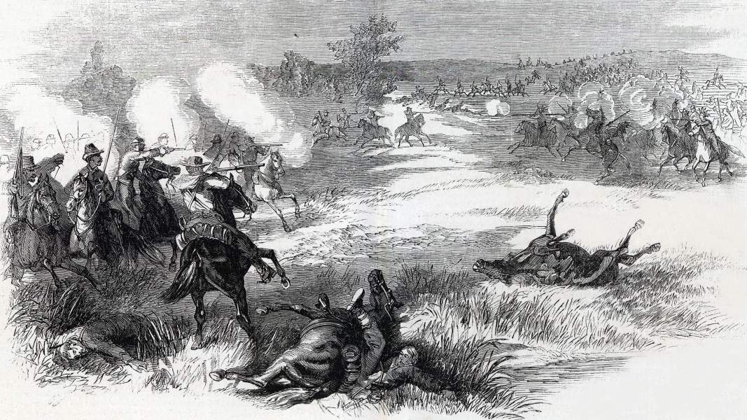United States Militia engaging Native American Plains Indian hostiles, August 1864, artist's impression, zoomable image