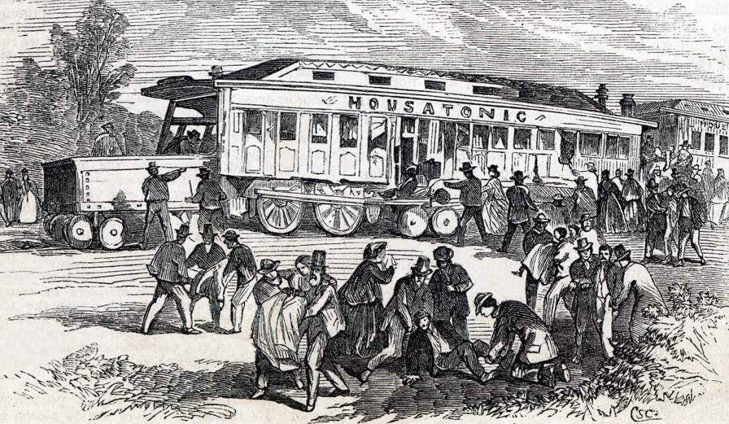 Removing those killed and injured in the railroad disaster near Trumbel, Connecticut, August 15, 1865, artist's impression