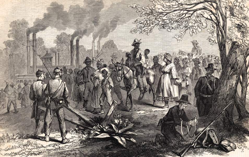 Freed slaves from Jefferson Davis's Brierfield Plantation reaching Union lines, June 1863, artist's impression, zoomable image