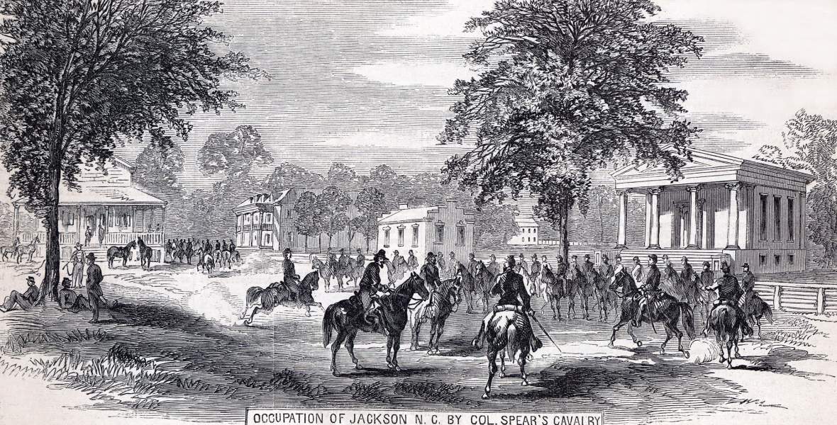 Union cavalry enter Jackson, North Carolina, July 28, 1863, artist's impression, zoomable image