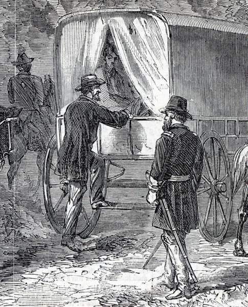 Jefferson Davis, under Union arrest, boarding transport, Irwin County, Georgia, May, 1865, artist's impression, detail