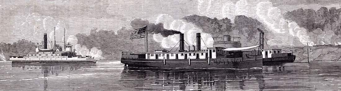U.S. gunboats in action against Confederate batteries on the James River, August 4, 1863, artist's impression, detail