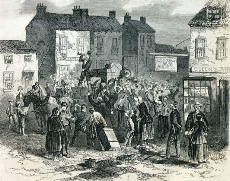 Irish migrants departing Cahersiveen, County Kerry, 1865, artist's ...