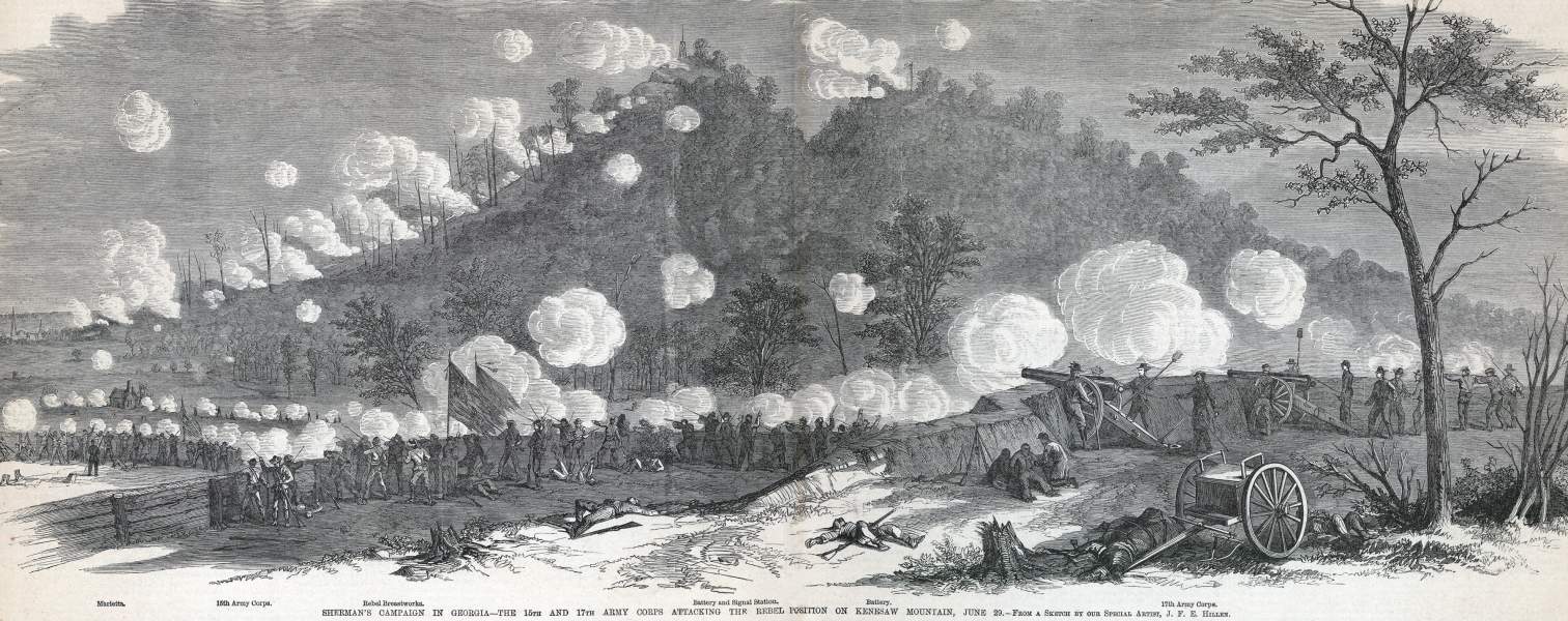 Two Union corps assault Kennesaw Mountain, June 27,1864, artist's impression, zoomable image