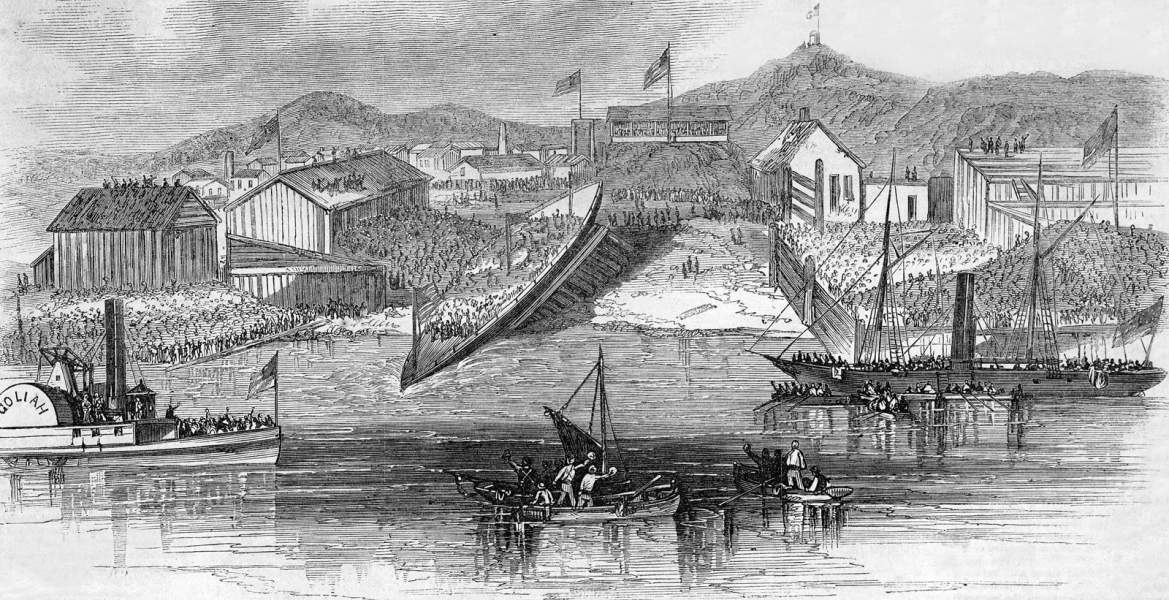 Launch of the U.S.S. Camanche, San Francisco, California, November 14, 1864, artist's impression, zoomable image