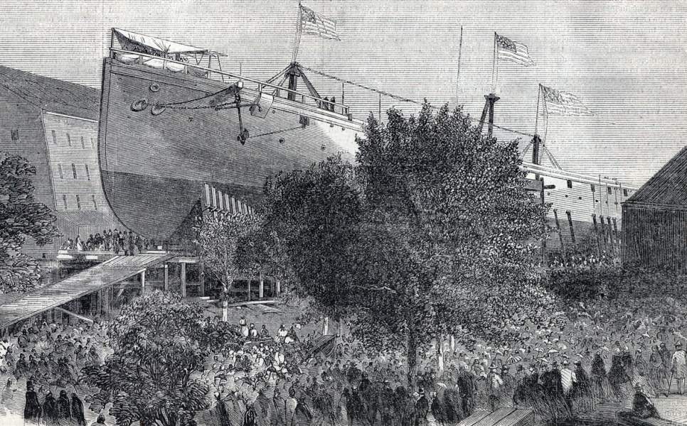 Launch of the U.S.S. Madawaska, Brooklyn, New York, July 8, 1865, artist's impression