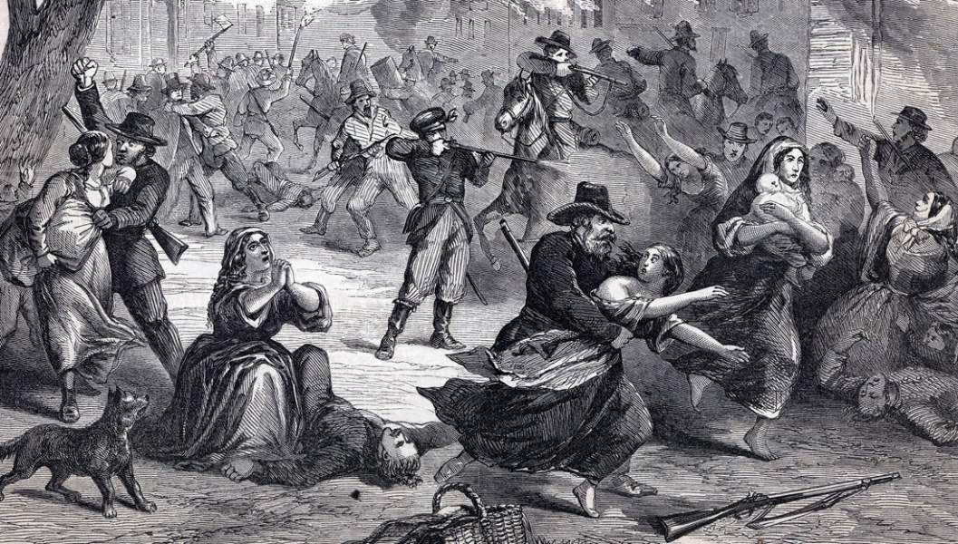 Confederate raiders attack Lawrence, Kansas, August 21, 1863, artist's impression, detail