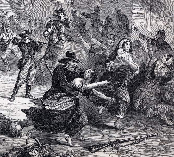 Confederate raiders attack Lawrence, Kansas, August 21, 1863, artist's impression, detail, zoomable image
