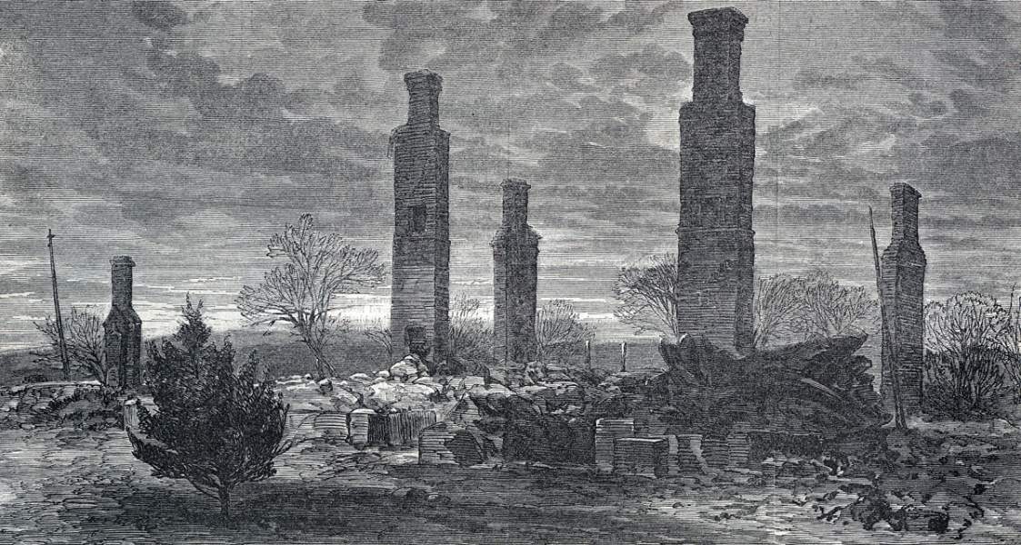 Ruins of General Robert E. Lee's former headquarters, Petersburg, Virginia, July 1865, artist's impression