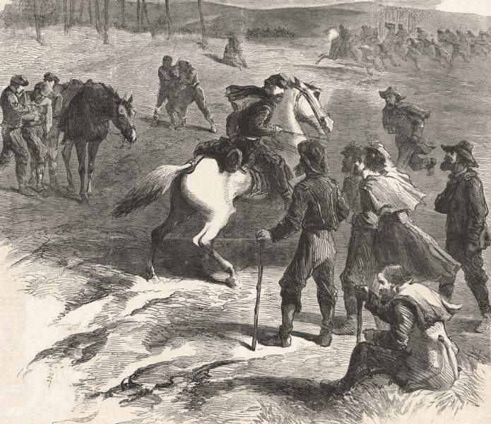 Union cavalry recovering escaped Union prisoners of war, Virginia, February 1864, artist's impression