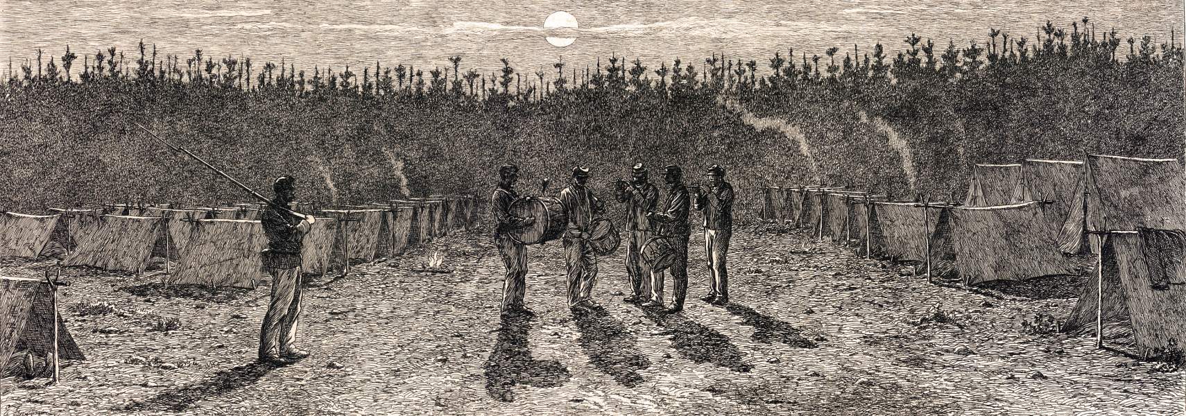 "Tattoo in Camp," Edwin Forbes, copper plate etching, 1876, zoomable image