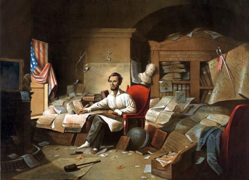 Abraham Lincoln writing the Emancipation Proclamation, artist's impression, zoomable image