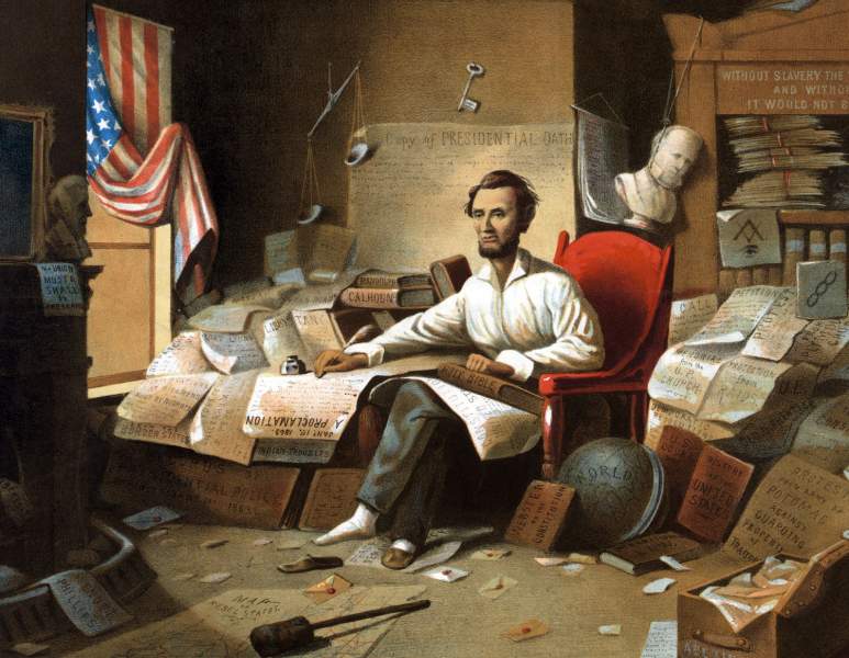 Abraham Lincoln writing the Emancipation Proclamation, artist's impression, detail, zoomable image