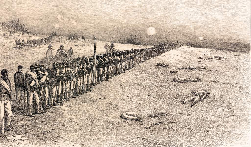 "A Halt in Line of Battle," Edwin Forbes, copper plate etching, 1876, zoomable image