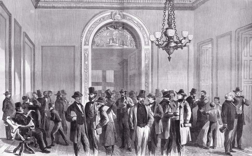 Lobby, House of Representatives during passage of the Civil Rights Bill, March 13, 1866, artist's impression, zoomable image.