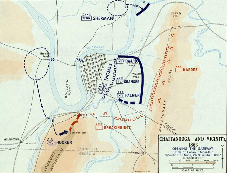 Battle of Lookout Mountain, Chattanooga Campaign, 24 November, 1863, campaign map, zoomable image