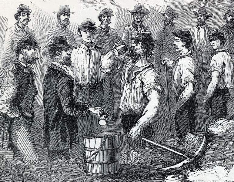 Issuing the Liquor Ration, Union trenches before Petersburg, Virginia, October 1864, artist's impression, detail