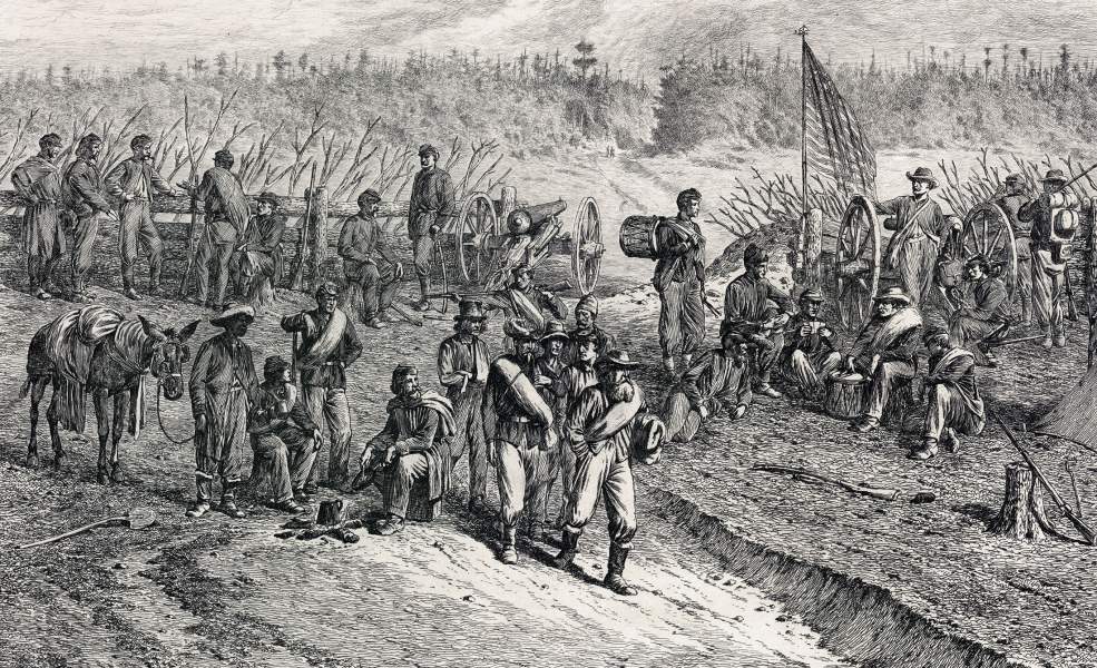 "A Lull in the Fight," Edwin Forbes, copper plate etching, 1876, detail, zoomable image