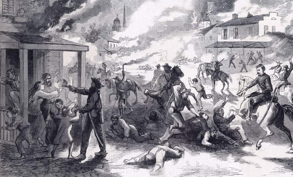 Confederate partisan attack on Lawrence, Kansas, August 21 1863, artist's impression, detail