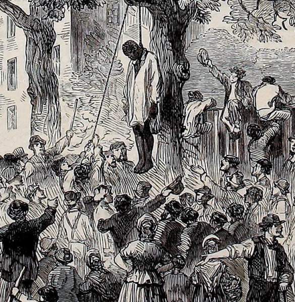 Lynching of African-American during the New York City Riots, July 1863, British artist's impression, detail