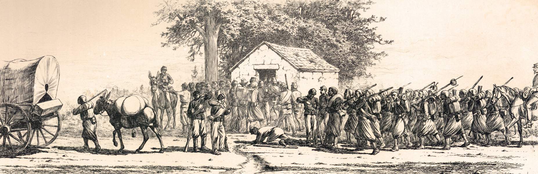 "A Thirsty Crowd at the Old Spring House," Edwin Forbes, copper plate etching, 1876, zoomable image
