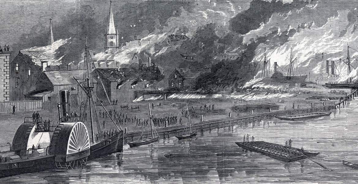 Fire and Destruction after the Ordnance Magazine Explosion, Mobile, Alabama, May 25, 1865, artist's impression, detail