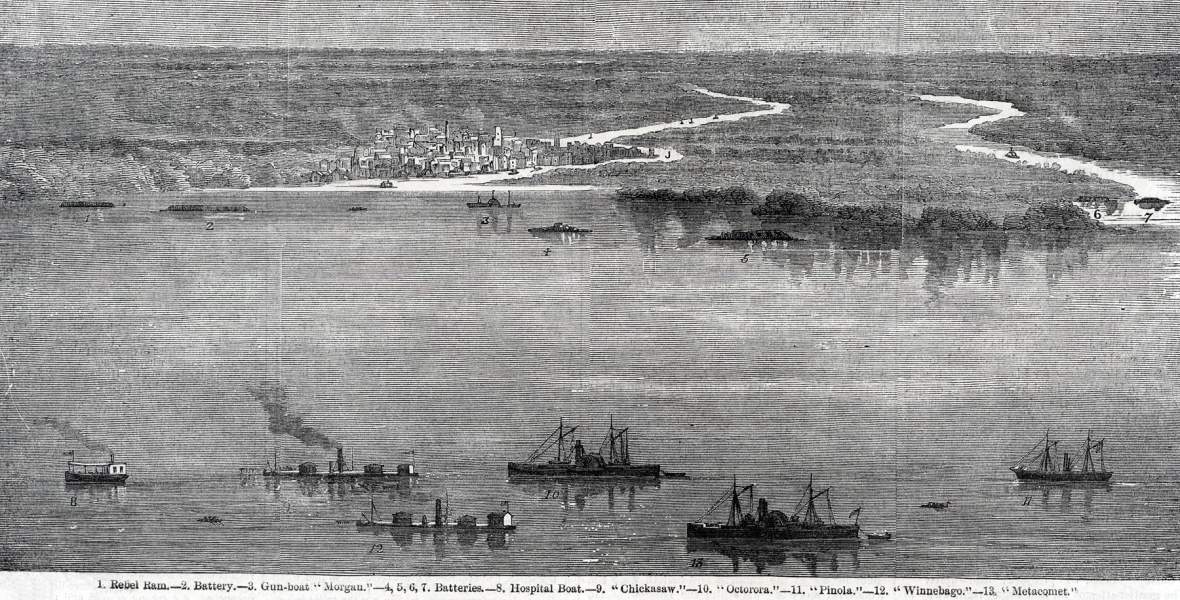 View of Mobile, Alabama, Mobile Bay, and the U.S. Fleet, August, 1864, artist's impression, zoomable image