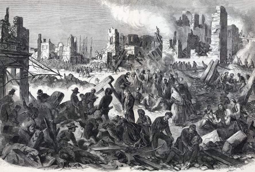 Aftermath of Ordnance Depot Explosion, Mobile, Alabama, May 25, 1865, artist's impression, zoomable image