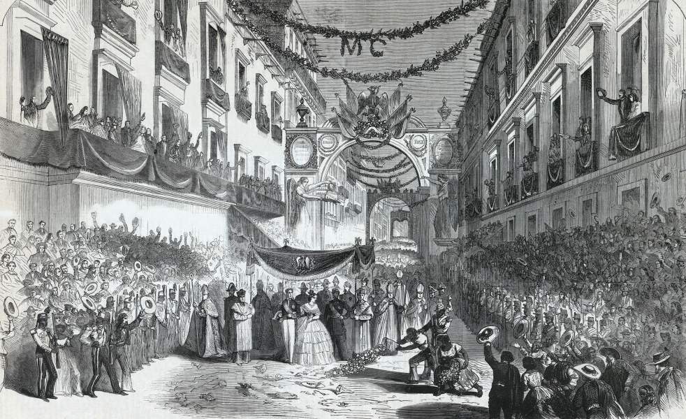 Entry of the Emperor of Maximilian into Mexico City, June 12, 1864, artist's impression, zoomable image