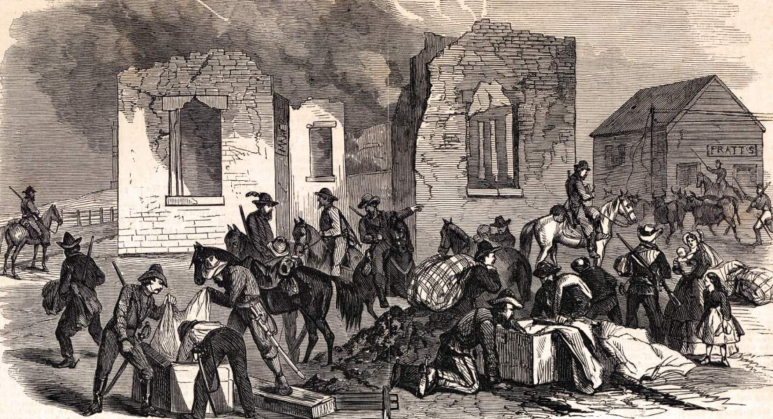 John Hunt Morgan's Confederate raiders looting Salem, Indiana, July 10, 1863, artist's impression, zoomable image