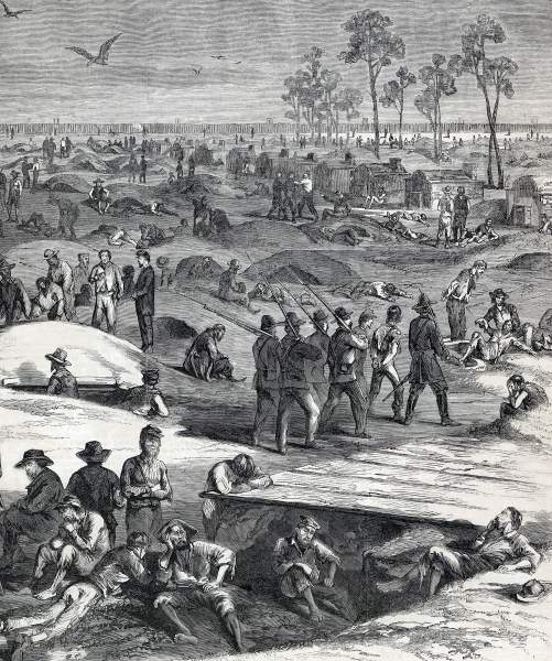 Confederate Prison Camp at Millen, Georgia, in operation circa November 1864, artist's impression, zoomable image, more detail