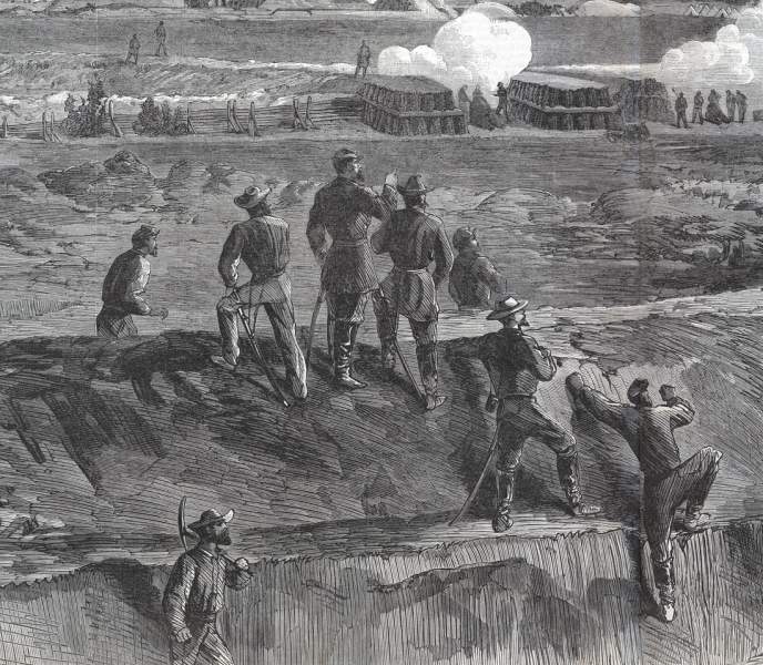 Explosion of the Mine, Petersburg, Virginia, July 30, 1864, artist's impression, detail