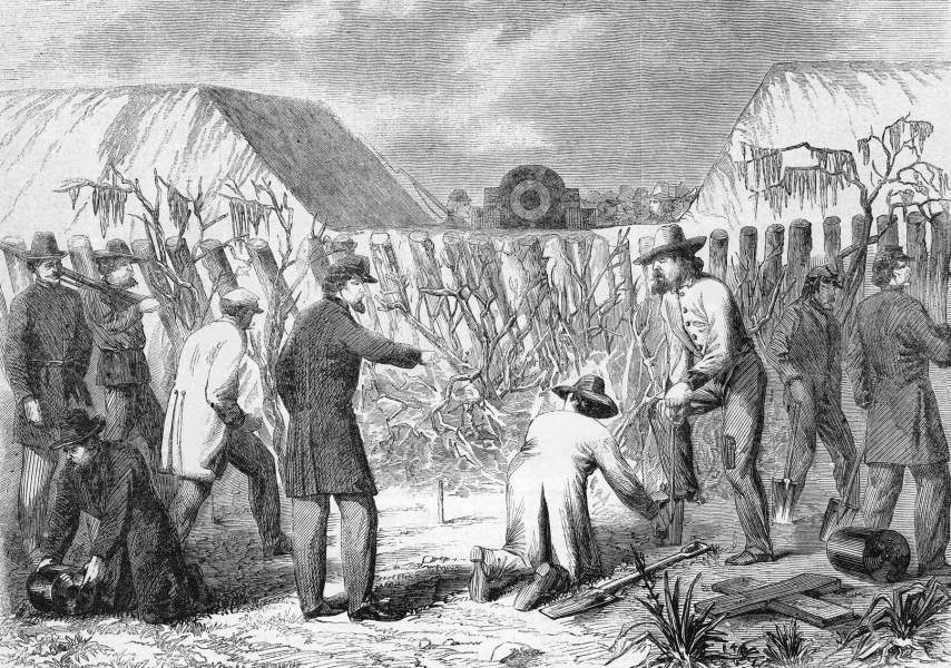 Confederate prisoners clearing land-mines, Fort McAllister, Georgia , December 1864, artist's impression, zoomable image