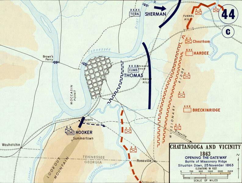 Battle of Missionary Ridge, early morning of November 25, 1863, campaign map, zoomable image