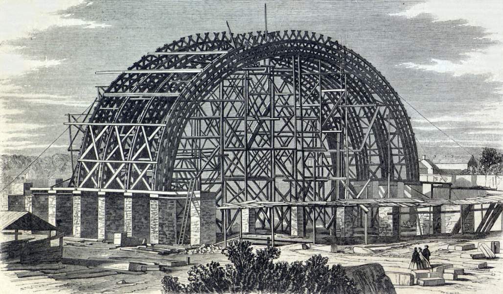 Building of the Mormon Temple, Salt Lake City, Utah, July 1866, artist's impression