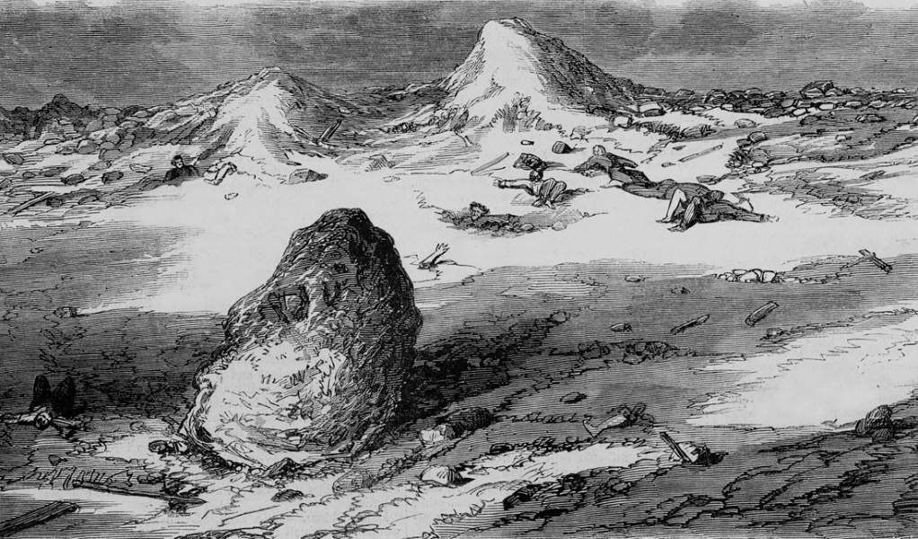 Aftermath of the fighting in the Crater, Petersburg, Virginia, July 30, 1864, artist's impression, detail