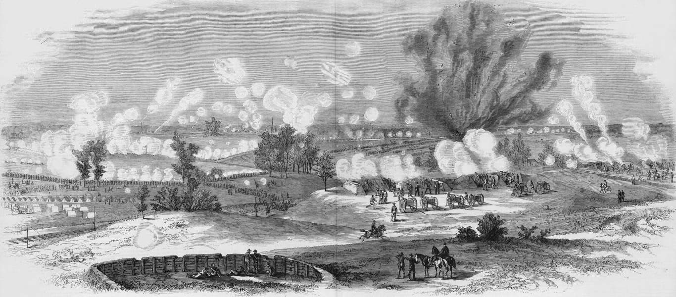 Explosion of the Mine, Battle of Crater, Petersburg, Virginia, July 30, 1864, artist's impression, zoomable image