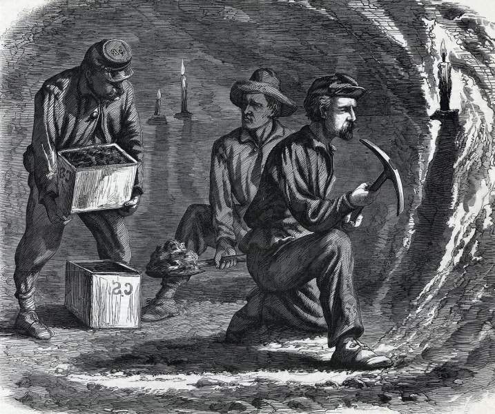 Union sappers at work mining the Confederate defenses at Petersburg, Virginia, July 1864, artist's impression, zoomable image