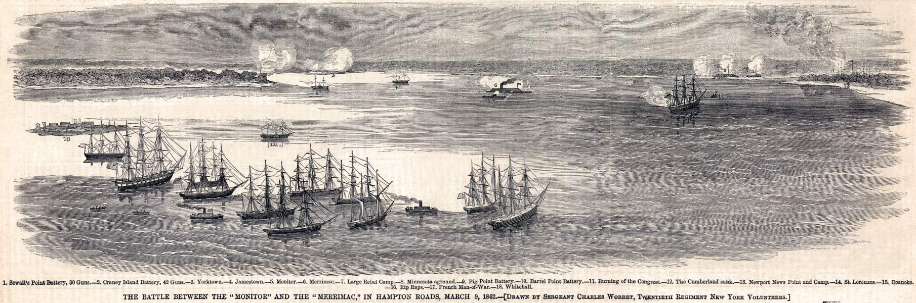 Battle of Hampton Roads, March 9, 1862, artist's impression, zoomable image