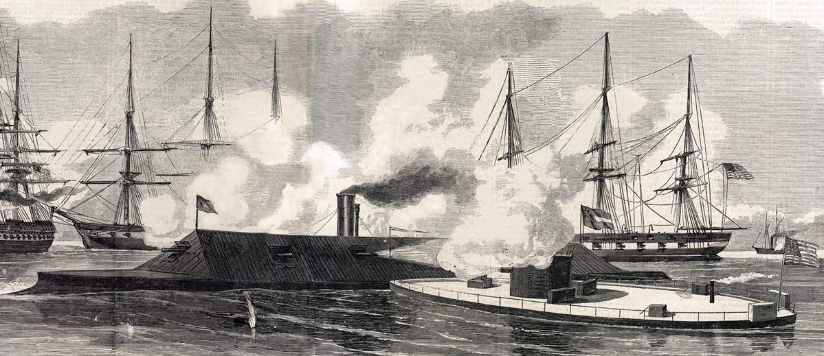 U.S.S. Monitor and C.S.S. Virginia in action off Newport News, March 9, 1862, artist's impression, detail